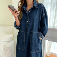 Damen Herbst Langarm Jeanshemd Kleid Knopftasche Jeans Maxikleider Lässig Lose Weibliche Street Wear Denim Robe 