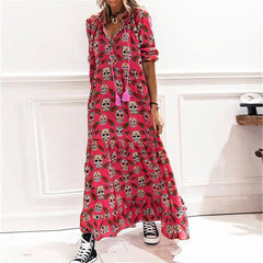 Printed V-neck lace-up casual bag hip mid-sleeve long skirt dress