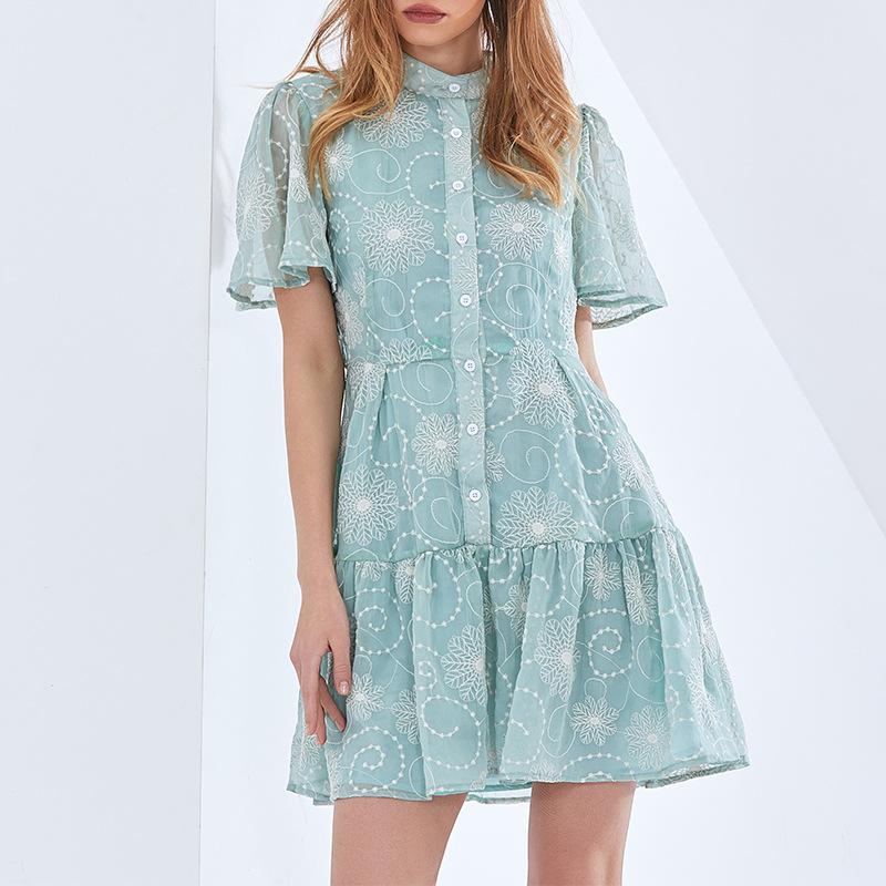 New Arrival Elegant Stand Collar Short Sleeve Printed Short Dress