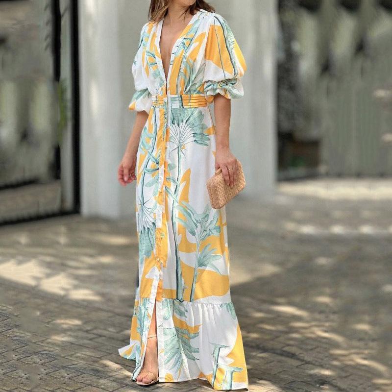 Yellow Puff Sleeves Maxi Dress