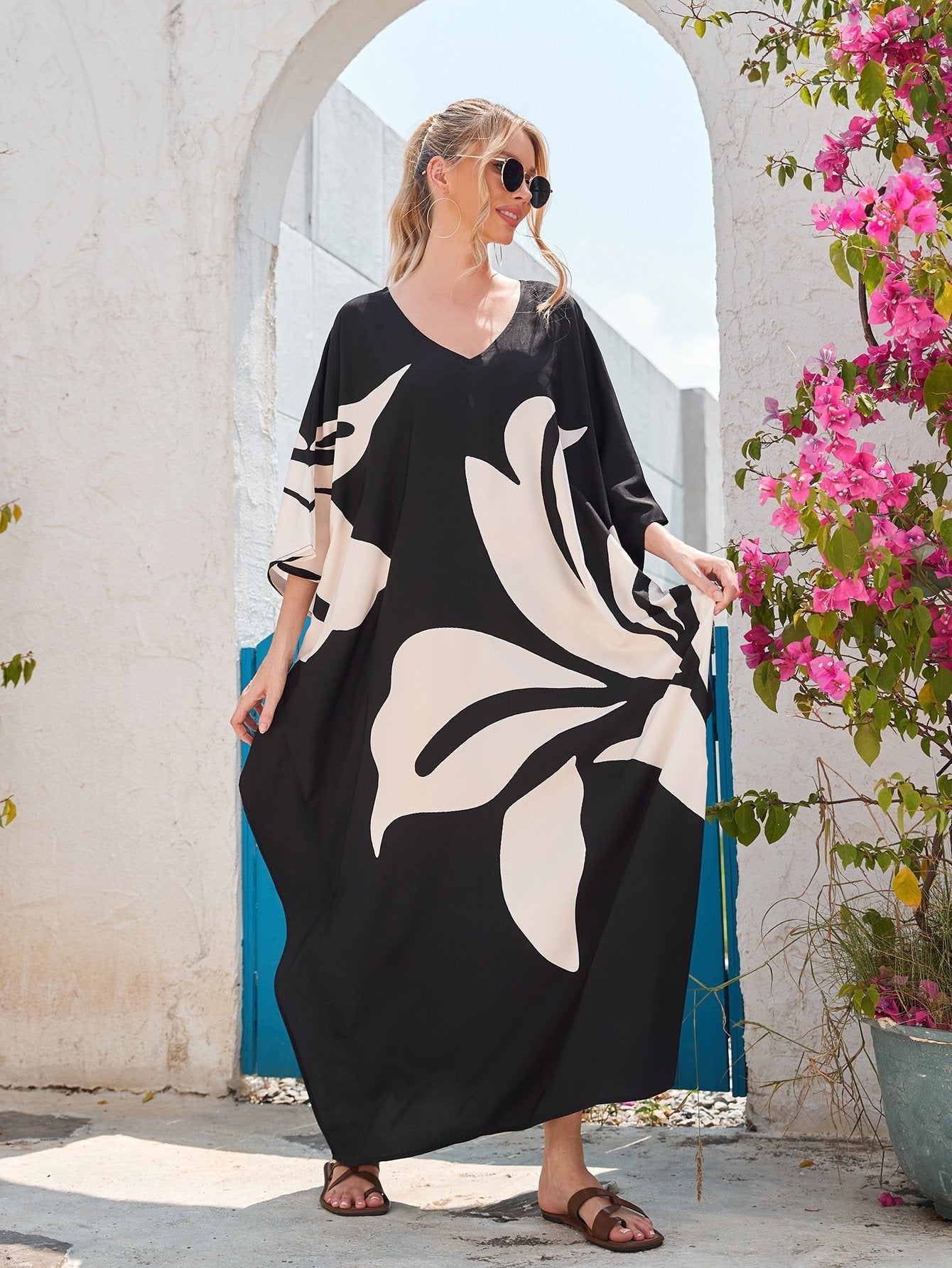 Printed Bat-sleeved Robe Loose Plus Size Holiday Beach Skirt Bikini Smock