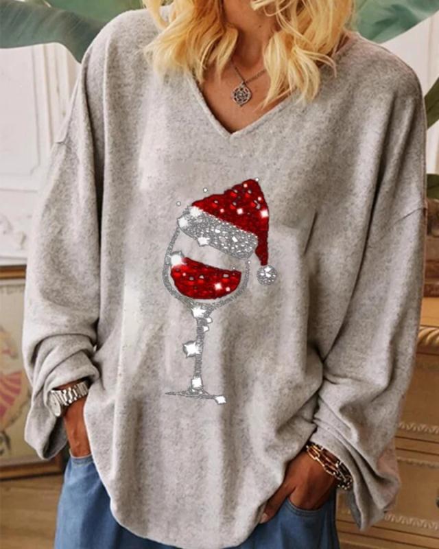 Long-sleeved Christmas wine glass printing V-neck T-shirt