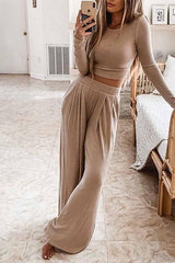 Two-Piece Round Neck Solid Color Long Sleeves Set