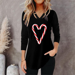 Christmas Heart V-neck Printed Casual Top T-shirt