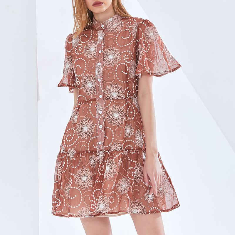 New Arrival Elegant Stand Collar Short Sleeve Printed Short Dress