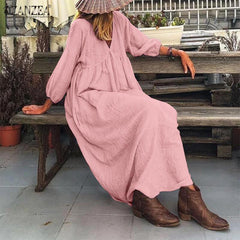 Fashion V-neck Loose Sleeve Casual Dress Long Skirt Out of Stock