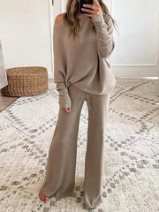 Comfy Plain Scoop Neck Long Sleeve Lounge Set