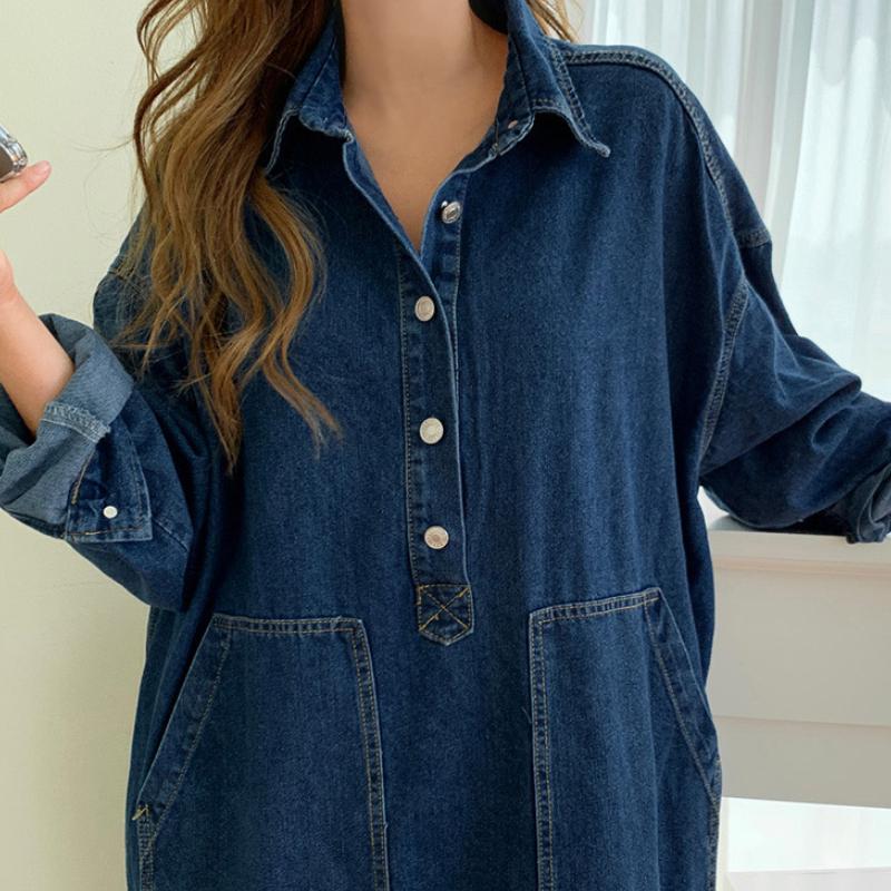 Damen Herbst Langarm Jeanshemd Kleid Knopftasche Jeans Maxikleider Lässig Lose Weibliche Street Wear Denim Robe 