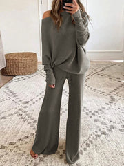 Comfy Plain Scoop Neck Long Sleeve Lounge Set