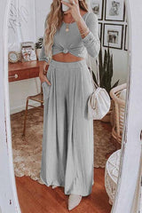 Two-Piece Round Neck Solid Color Long Sleeves Set