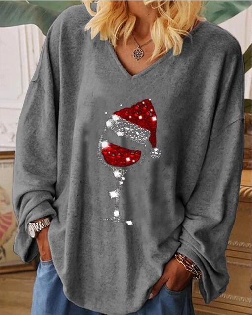 Long-sleeved Christmas wine glass printing V-neck T-shirt