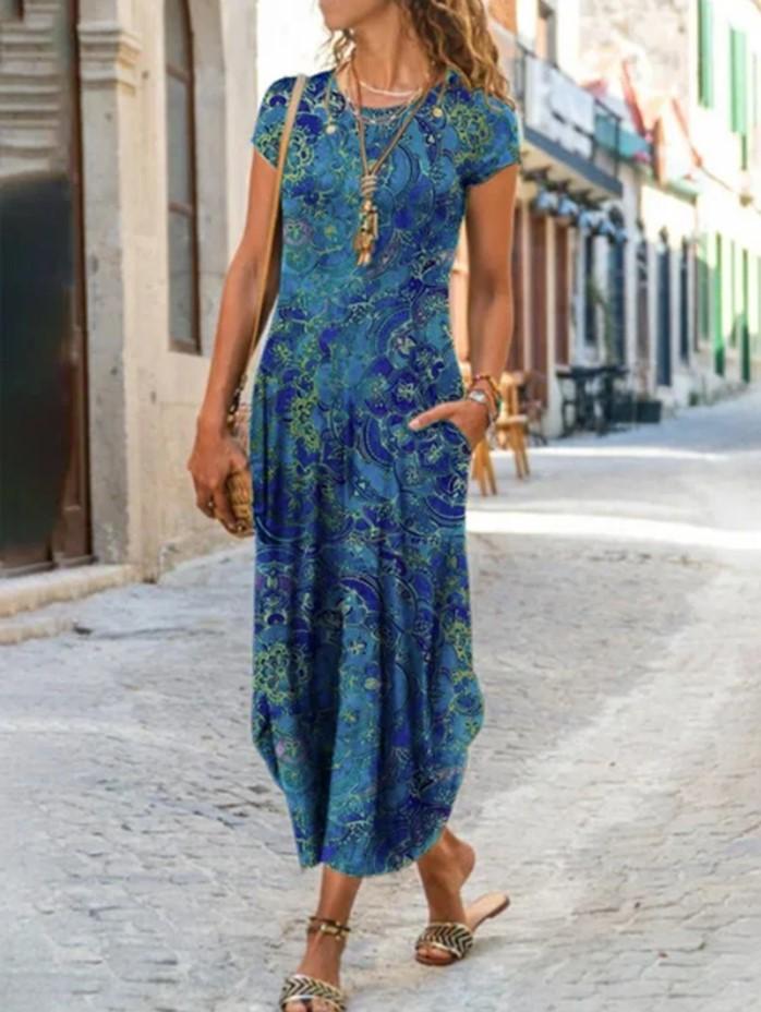 Summer Sundress Printed Robe Short Sleeve Dress Plus Size