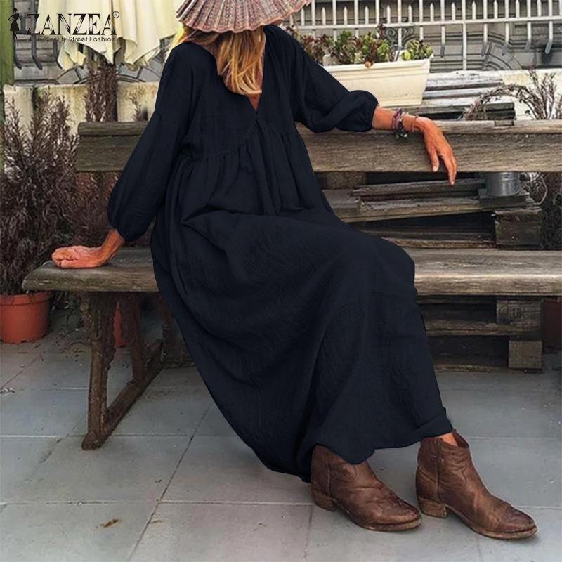 Fashion V-neck Loose Sleeve Casual Dress Long Skirt Out of Stock