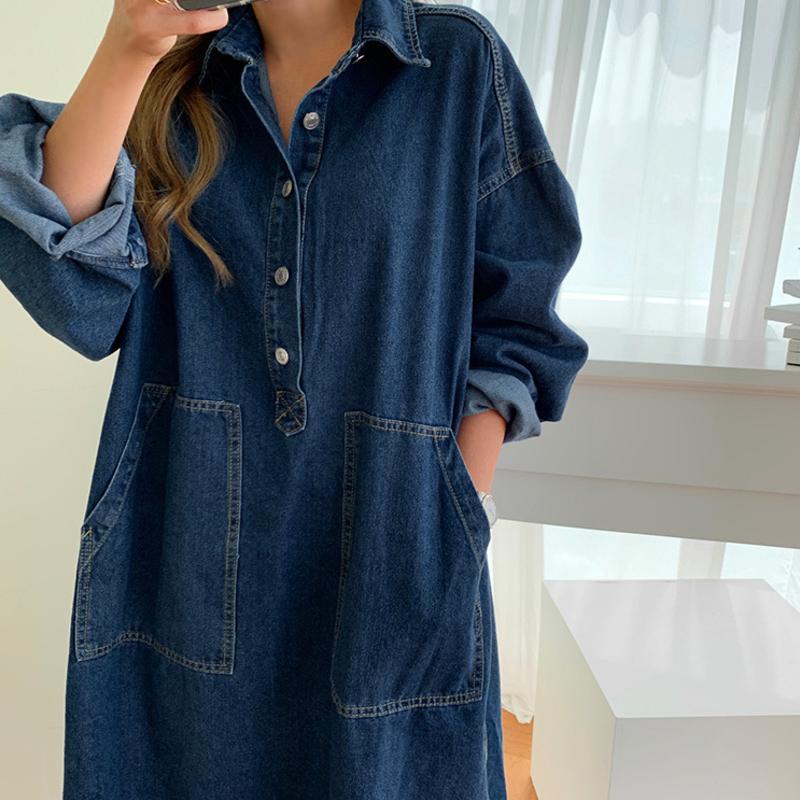 Damen Herbst Langarm Jeanshemd Kleid Knopftasche Jeans Maxikleider Lässig Lose Weibliche Street Wear Denim Robe 