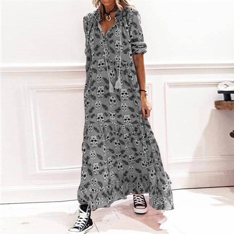 Printed V-neck lace-up casual bag hip mid-sleeve long skirt dress