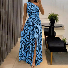 Zebra Print Asymmetrical Front Slit Maxi Dress