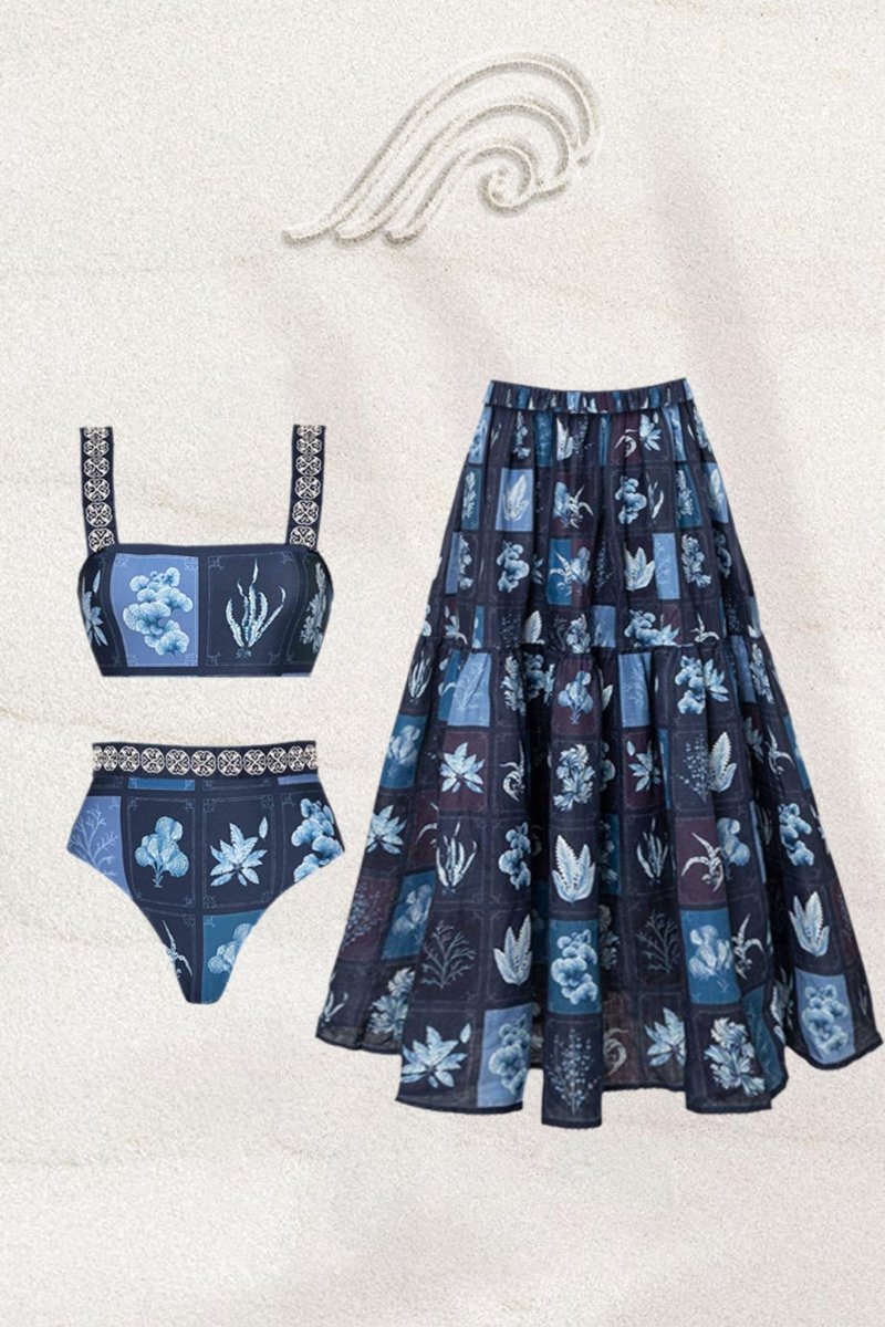 Kara Algae Printed Three-piece Swim Set