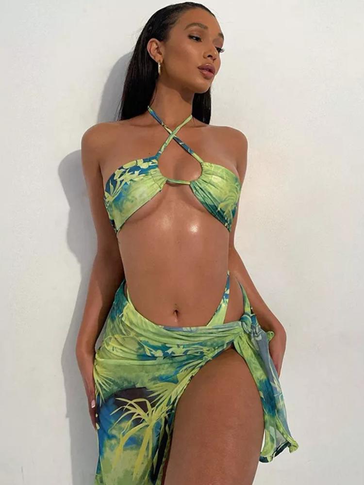 Maxine Tropical Printed Three-piece Bikini Set