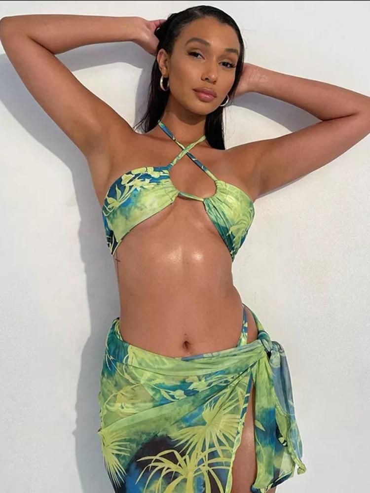 Maxine Tropical Printed Three-piece Bikini Set