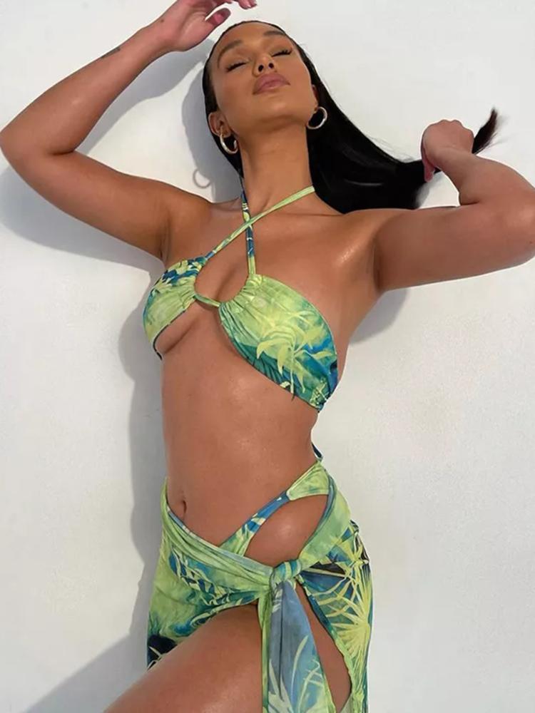 Dreiteiliges Bikini-Set „Maxine“ mit Tropen-Print 