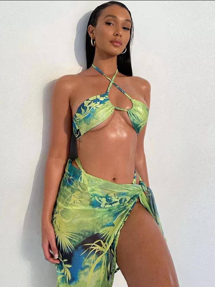 Maxine Tropical Printed Three-piece Bikini Set