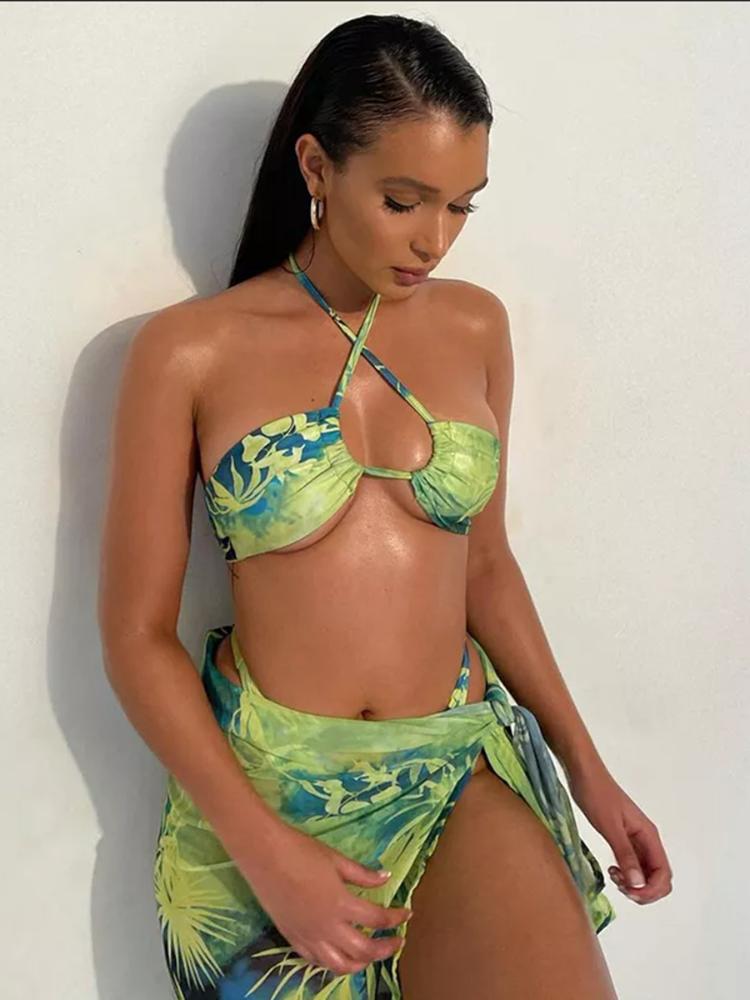 Maxine Tropical Printed Three-piece Bikini Set