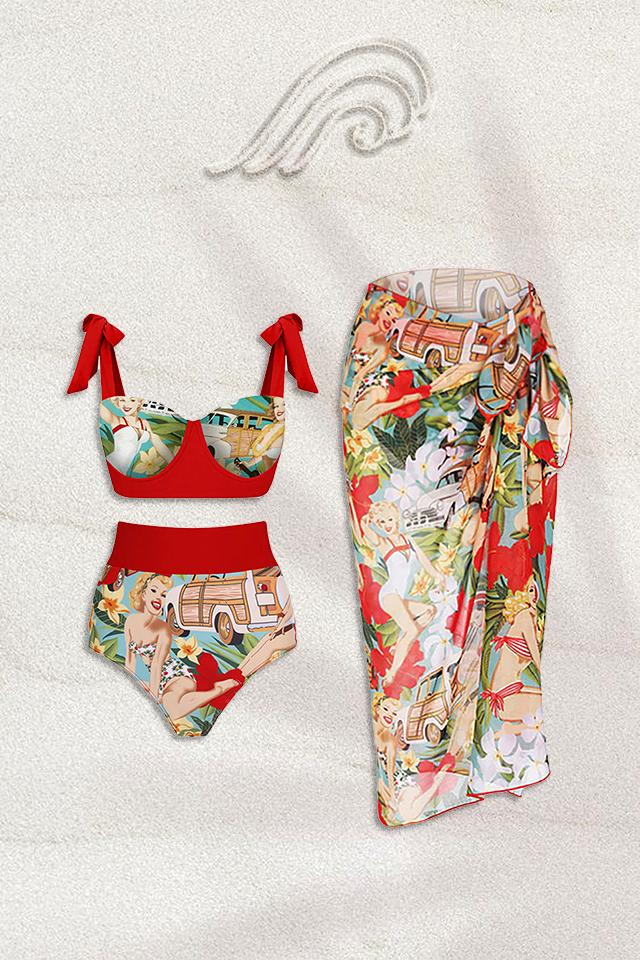 Poppy Retro Printed Three-pieces Swim Set