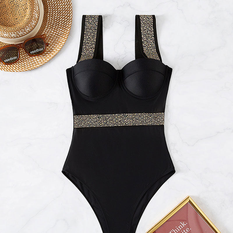 Shimmery Crystal Sweetheart Neck Underwire Brazilian One Piece Swimsuit