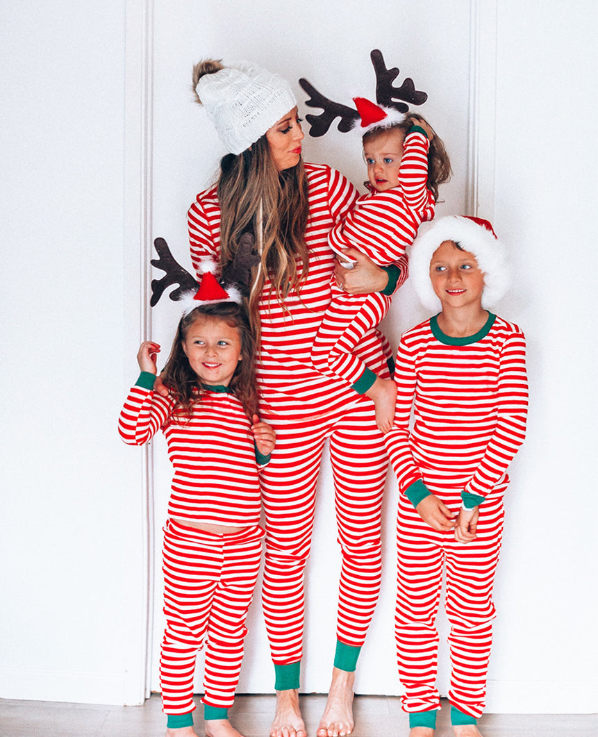 Red and White Striped Green  Collar Family Matching Pajamas Set