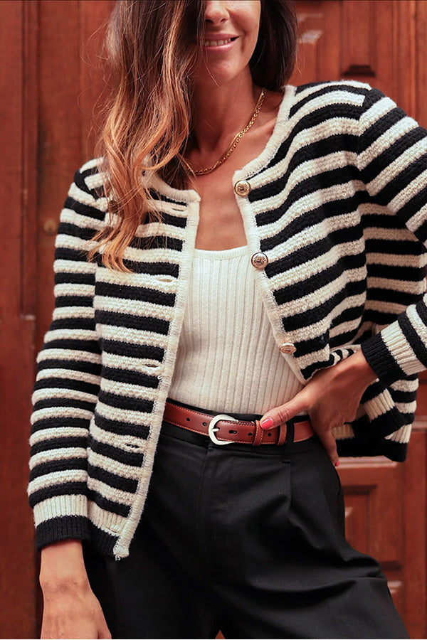 Black Contrast Striped Print Button Up Cardigan