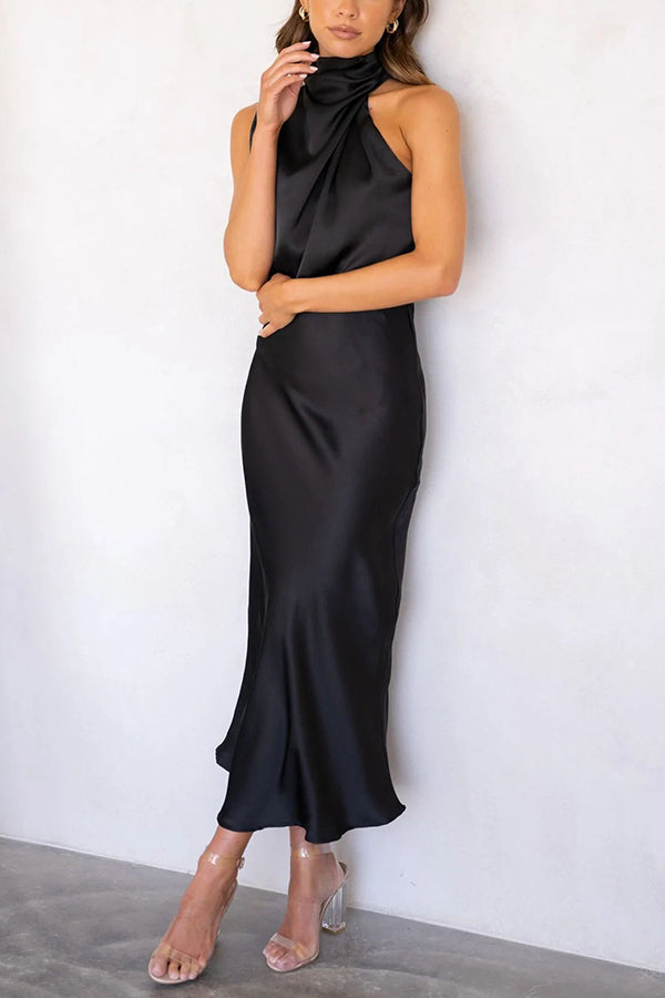 Perfectly Yours High Neck Elastic Waist  Satin Drape Maxi Dress