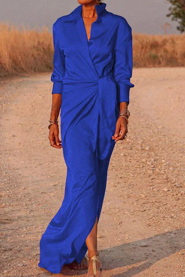 Shimmer In Your Eyes Satin Wrap Shirt Maxi Dress