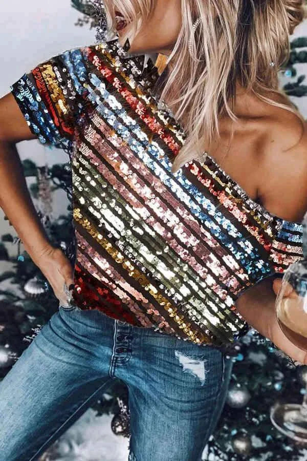 Short Sleeve Off Shoulder Sequin Top