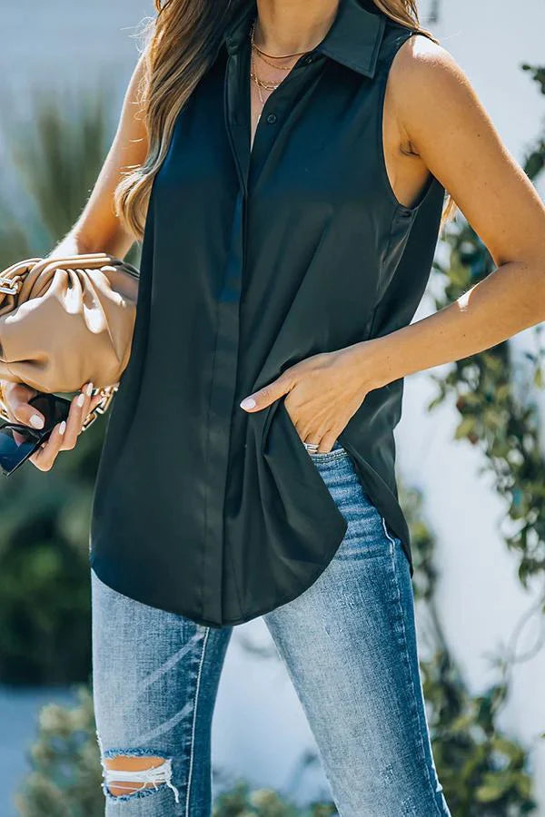 Satin Sleeveless Button Down Blouse