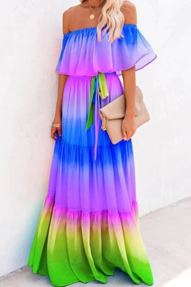 Elegantes schulterfreies Regenbogenkleid