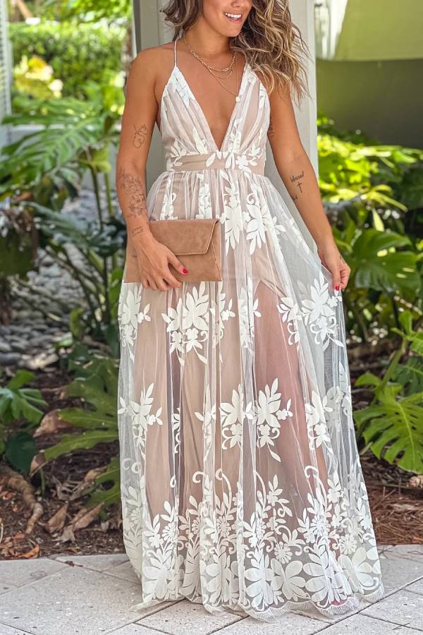 White and Beige Cross Back Floral Tulle Maxi Dress