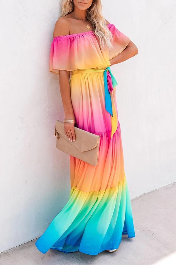 Elegant Off Shoulder Rainbow Dress