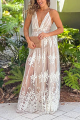 White and Beige Cross Back Floral Tulle Maxi Dress