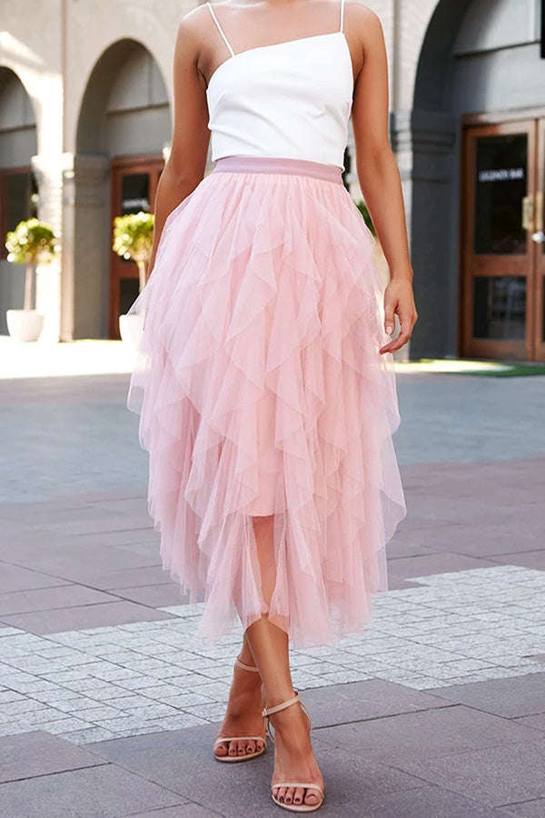 Fashionable solid color puffy mesh high waist slimming skirt